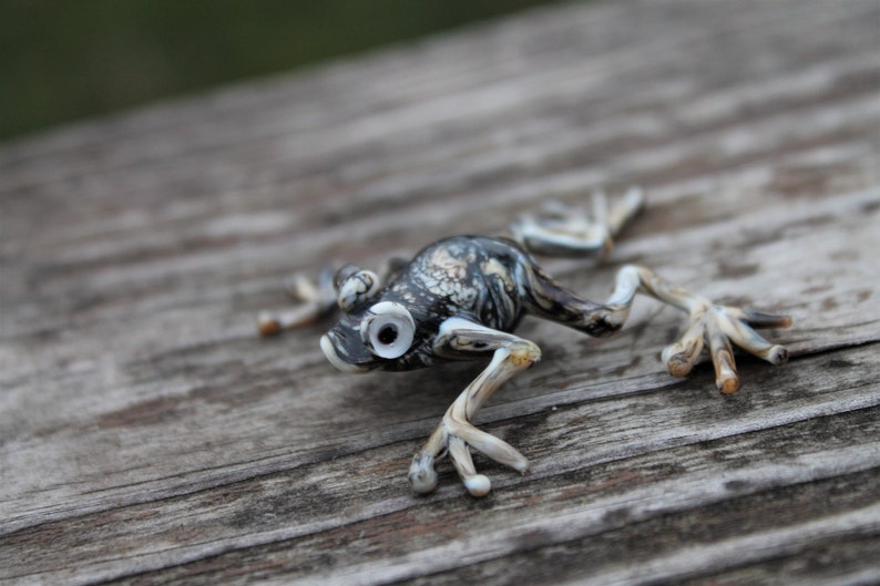May include: A small, black and white glass frog figurine with large, white eyes. The frog is sitting on a wooden surface.