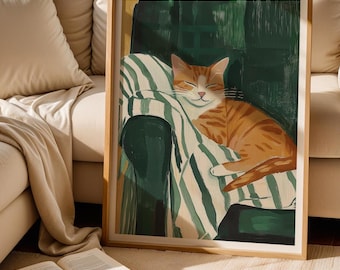 Cat lying on a Green Couch Painted Art Print