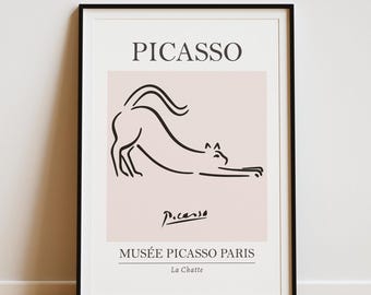 Picasso Cat Line Art Print: Minimalist Pink Poster