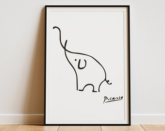 Picasso Elephant Line Art Illustration Poster - Minimalist Animal Lover Gift, Gallery Quality Print, Nursery, Children&#39;s Room Wall Art Decor