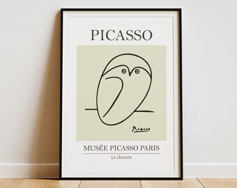 Picasso Owl Line Art Exhibition Print - Minimalist Bird Lover Gift, Owl Illustration Yellow Poster, Nursery, Children&#39;s Room Wall Art Decor