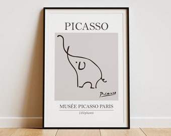 Picasso Elephant Line Art Grey Illustration Poster - Minimalist Animal Lover Gift, Elephant Print, Multiple Sizes, Wall Art Home Decor