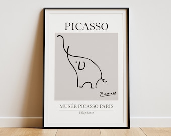 Picasso Elephant Line Art Grey Illustration Poster - Minimalist Animal Lover Gift, Elephant Print, Multiple Sizes, Wall Art Home Decor