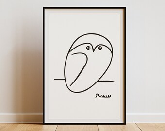Lámina artística de un búho de Picasso: Ilustración minimalista en blanco y negro para amantes de las aves.