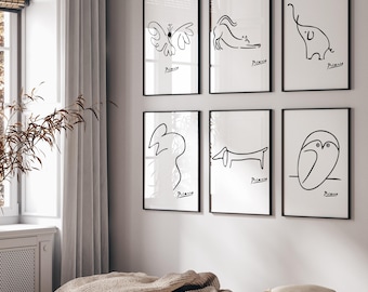 Picasso Animal Line Drawing Prints, Set of 6 Digital Download