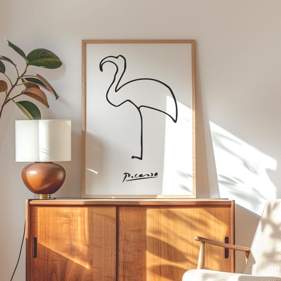 ピカソのフラミンゴ線画プリント：ミニマリストな白黒装飾（デジタル
