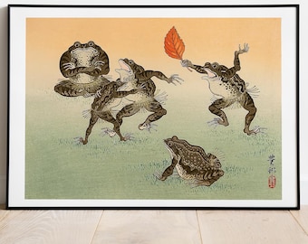 Frog Sumo Wrestling of the Frogs Ukiyo-e by Ohara Koson , Antique