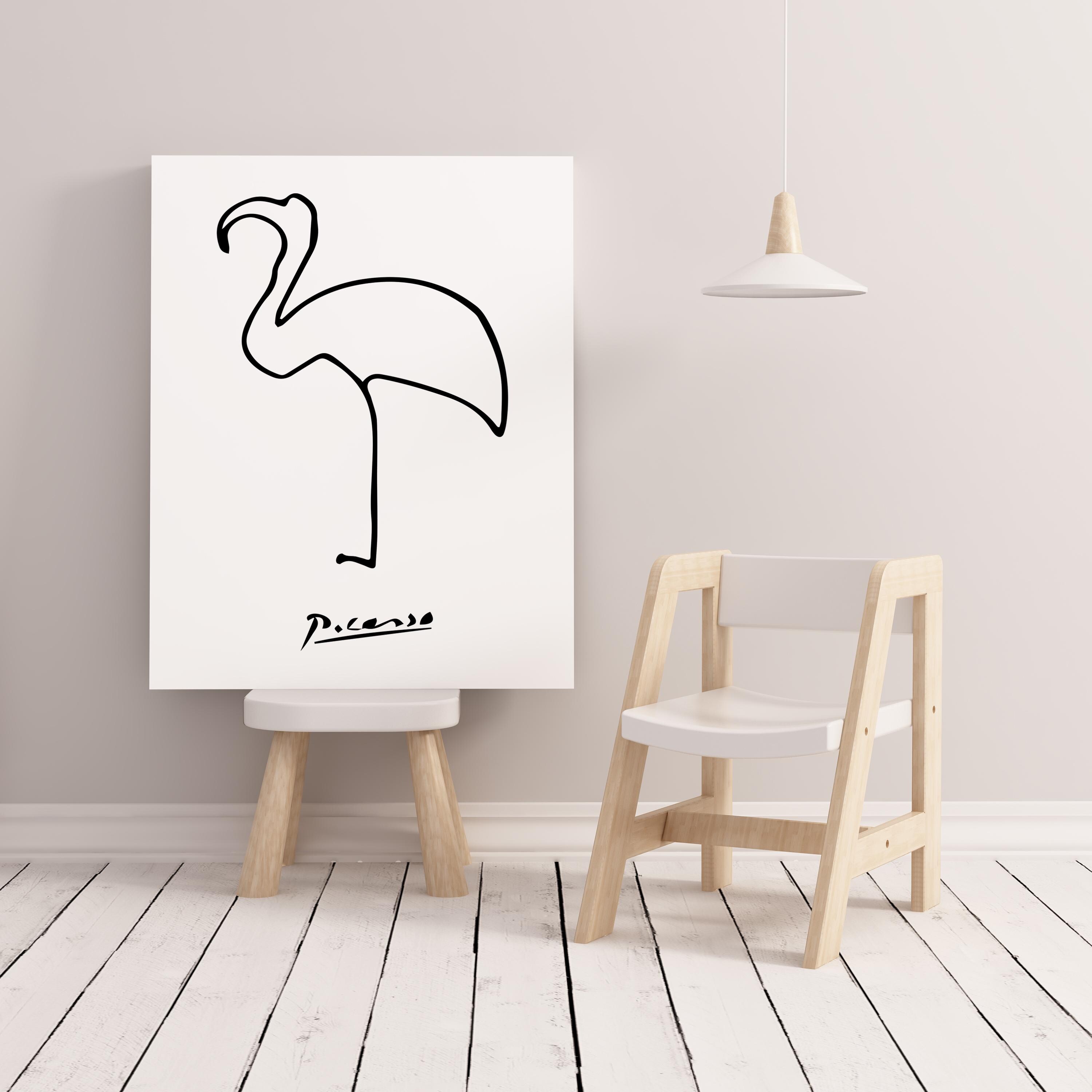 ピカソのフラミンゴ線画プリント：ミニマリストな白黒装飾（デジタル