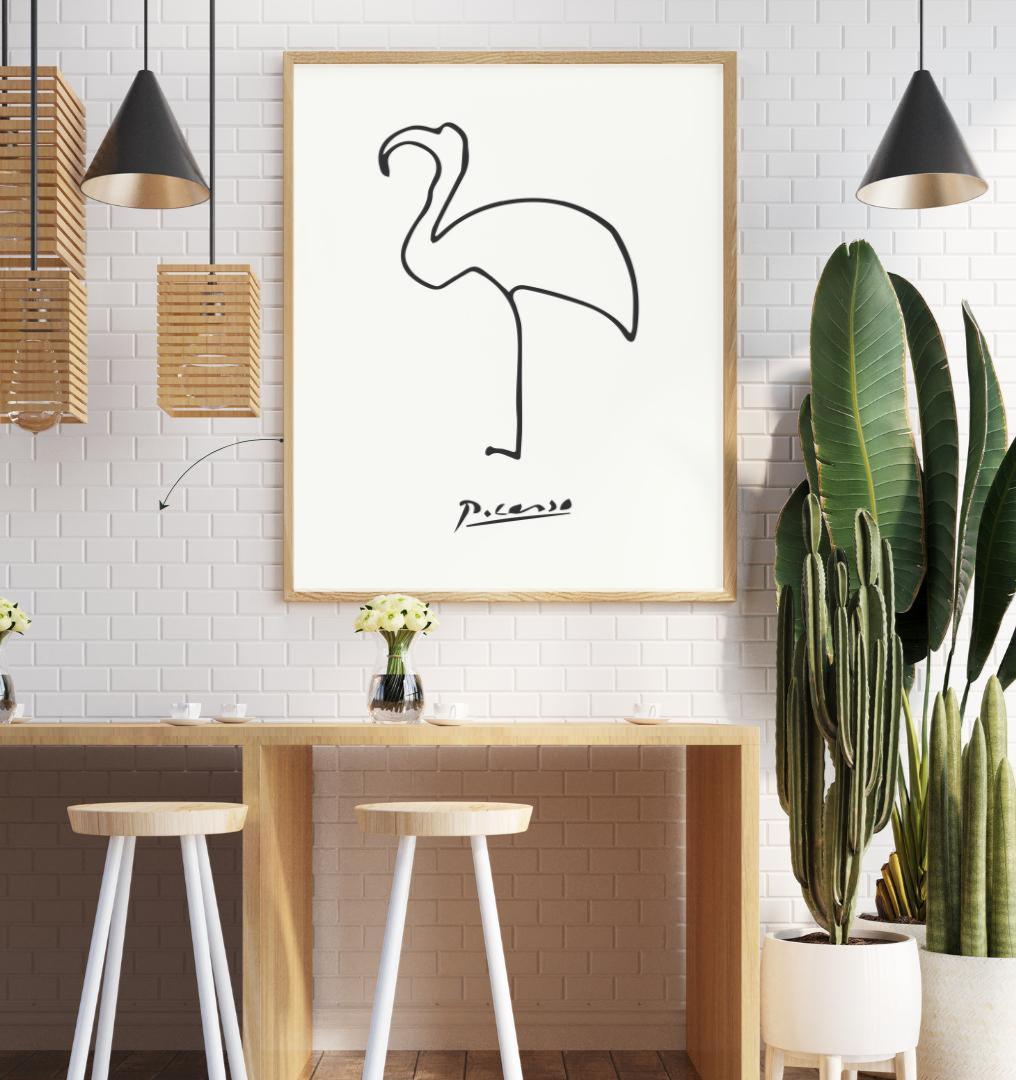 ピカソのフラミンゴ線画プリント：ミニマリストな白黒装飾（デジタル