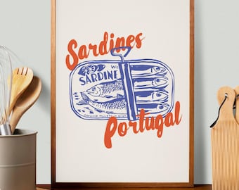 Retro Sardinen Portugal Poster: Vintage Küche Fisch Wandkunst (Digitaler Download)