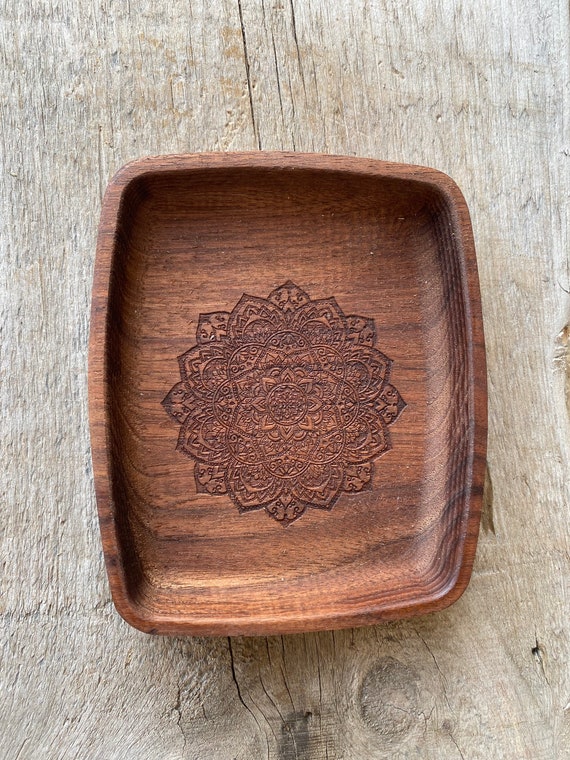 Carved Walnut Wood Soap Dish engraved with mandala design