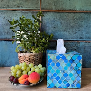 Decoración de baño azul Cubierta de caja de pañuelos Azulejo marroquí Marroquí sin costuras Turquesa Azul Cobalto Aqua&Oro Arabesco Estilo marroquí Accesorio de baño