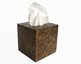 Square tissue box cover Stones tissue box Wooden tissue holder Gold stones Gold tissue box Wooden box Craft tissue box Bathroom decor Stones
