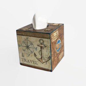 Cubierta de caja de pañuelos Tema de viaje Regalo del viajero Caja de pañuelos cuadrados Regalo turístico Decoración de viajes del mundo Viaje Mapa vintage Brújula antigua Decoración vintage