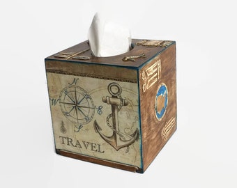 Tissue box cover Travel theme Traveler gift Square tissue box Tourist gift World travel decor Journey Vintage map Old compass Vintage decor