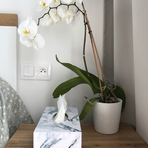 May include: A white marble tissue box holder with a white tissue box inside. A white orchid plant in a white ceramic pot is on a wooden table next to the tissue box.