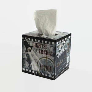 Regalo para actor Caja de pañuelos de cine Cámara de película Cubierta de caja de pañuelos Caja de madera Claqueta de cámara Silla del director Rollo de película Regalo amante del cine