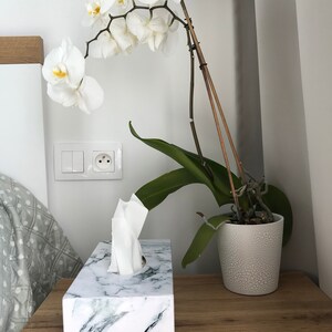 May include: White orchid plant in a white ceramic pot with a marble tissue box holder on a wooden surface.