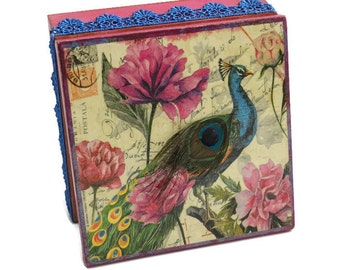 Peacock box Keepsake Girls jewelry box Birthday Gift box Peacock Pink wooden box  Decoupage box Flower Jewelry Box Bird jewelry box