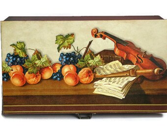 Tea box Music theme box Wooden tea box Jewelry box violin fruits Box still life Decoupage Tea storage box Handmade tea box Kitchen box Craft