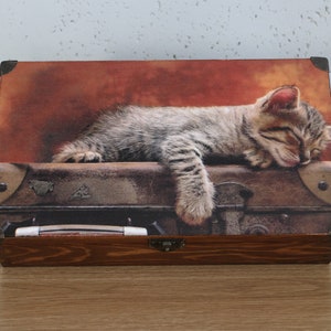 Koffer Organisator Horloge doos Sieraden kattenbak Houten opbergdoos Kattenliefhebbers doos Slapen kattendoos liefhebbers cadeau Rustieke houten doos Horloge zaak