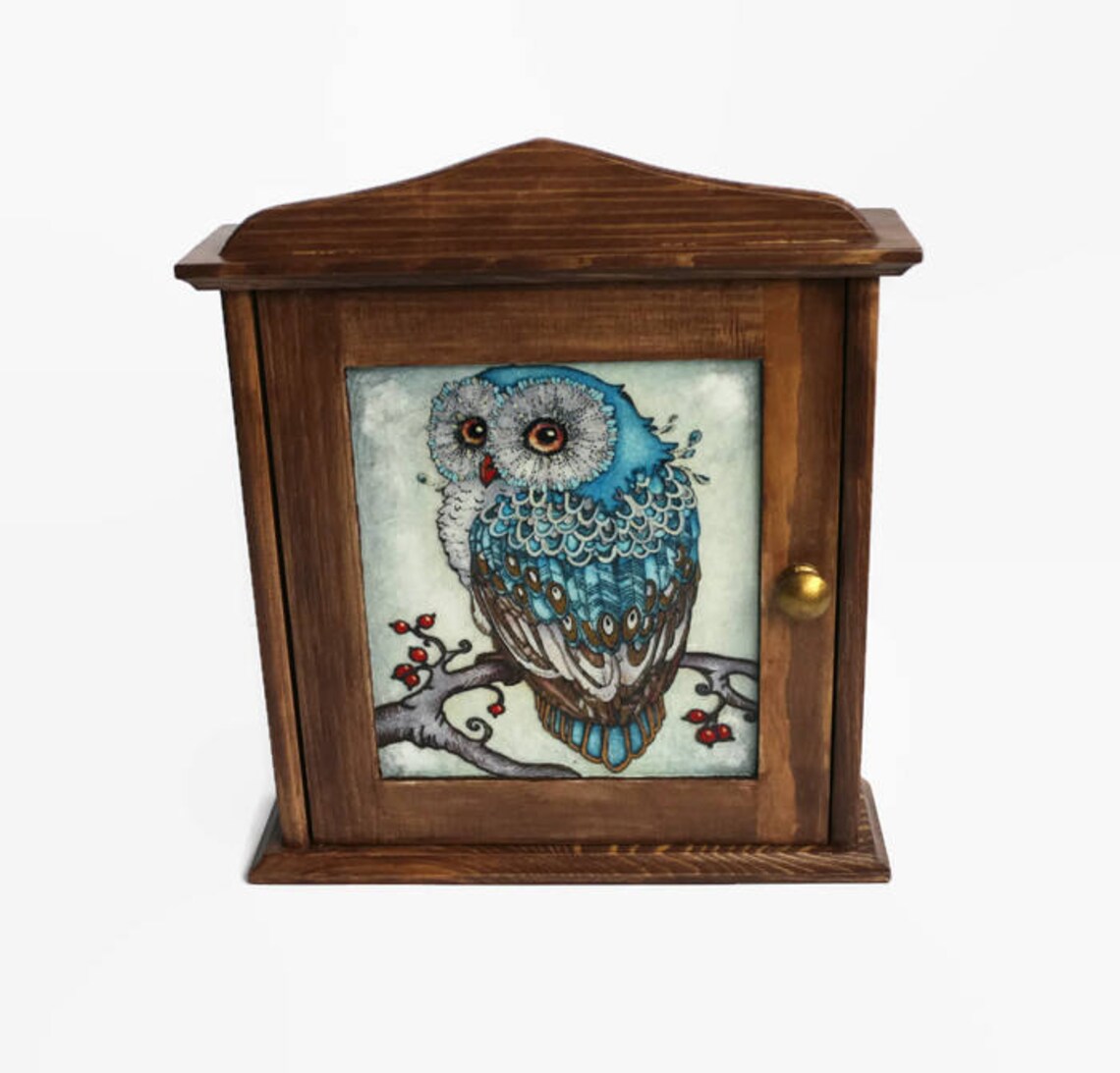 Owl Key Wooden Key Holder Blue Owl Key Box Gold Lock Etsy