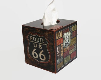 Route 66 Tissue box cover Cars theme Vintage License plates Garage decor Boys room decor Road trip Automotive theme Father gift Retro decor