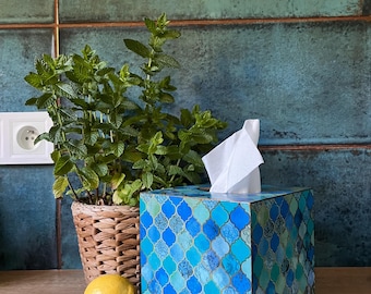 Damask decor Tissue box cover Moroccan Tile Moroccan seamless Turquoise Cobalt Blue Aqua&Gold Arabesque Square tissue box Bath accesories