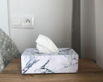 Bedroom decor Marble decor  Wooden Tissue box cover white marble Effect marble Rectangular tissue box Marble imitation Bath decor Napkin box