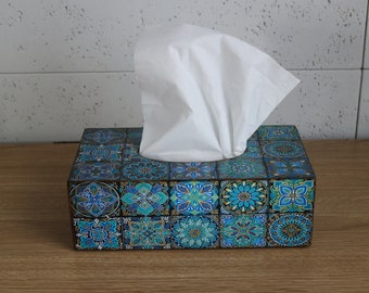 Massage room decor Mandala decor Mexican Tiles Turquoise Yoga studio display Tissue box cover Ceramic tiles Housewarming gift Mandala sign