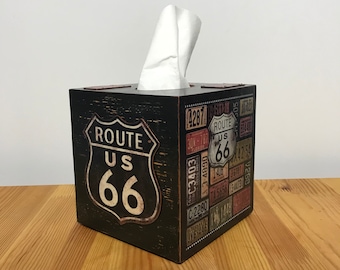 Route 66 Tissue box cover Cars theme Vintage License plates Garage decor Boys room decor Road trip Automotive theme Father gift Retro decor