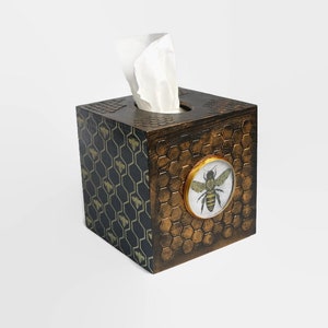 Abeja reina Abeja decoración del hogar Cubierta de caja de pañuelos Caja de pañuelos de abeja Regalo de abeja de miel Caja de pañuelos cuadrada Caja de regalo de miel de panal de oro Caja de servilleta dorada