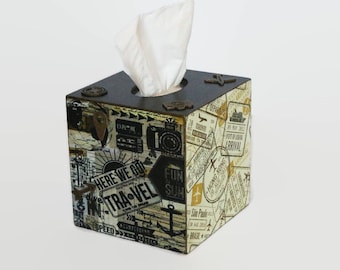 Tissue box cover Travel stamps Travel theme Traveler gift Square tissue box Tourist gift Passport Stamps World map Compass Airplanes Luggage