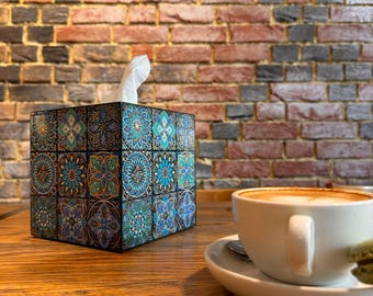 Tissue box cover Mexican Talavera Mexican Tiles Turquoise tiles Blue napkin box Ceramic tiles Mexican style Bathroom decor Tissue box holder
