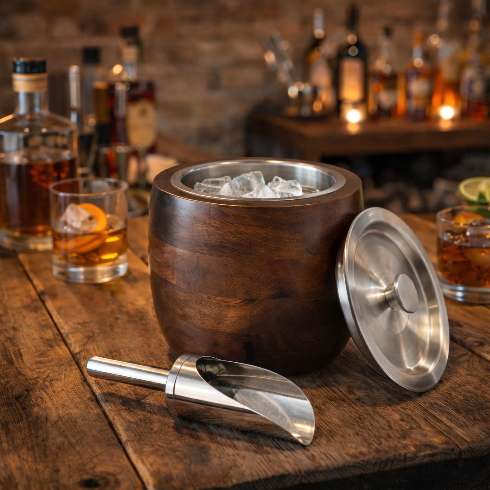 Ice Bucket with Lid & Scoop: 25-Quart Galvanized Steel - Mango Wood