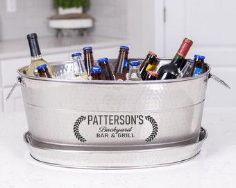 Personalized Party Tub with Stand - Stainless Steel Hammered Bucket Wedding Gift, Housewarming, Birthday, Anniversary, Shower, Engagement