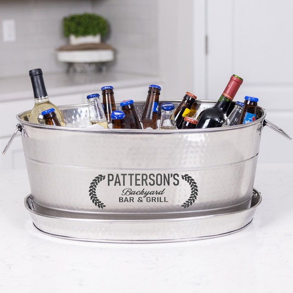 Personalized Party Tub with Stand - Stainless Steel Hammered Bucket Wedding Gift, Housewarming, Birthday, Anniversary, Shower, Engagement