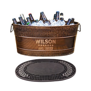 Personalized Beverage Tub with Party Bar Mat, Copper Anniversary Gift, Wedding Gift for Couple, Birthday, Bridal Shower Gifts, Custom Drinks