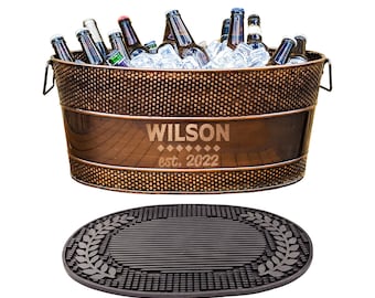 Personalized Copper Finish Beverage Tub with Party Bar Mat