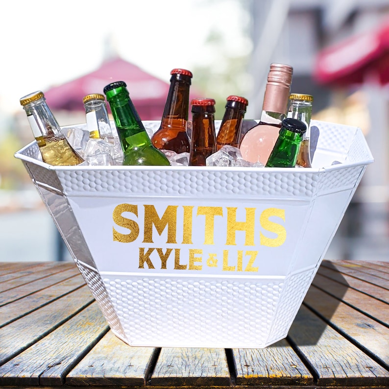 Personalized Metal Bucket with Stand Steel Or Copper Beverage Tub & Wine Gift for the Couple Housewarming, Anniversary, Engagement White Diamond