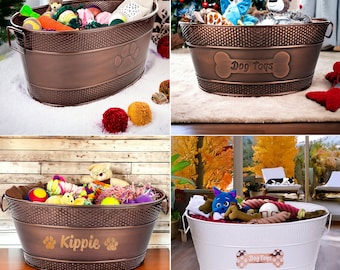 Personalized Metal Dog Toy Storage Bin - Metal Indestructible Dog Toy Box -Dog Toy Basket, Dog Birthday Gift- Galvanized Metal Toy Storage