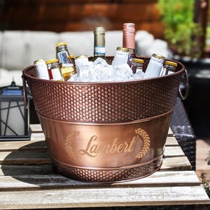 Personalized Metal Bucket with Stand - Steel Or Copper Beverage Tub & Wine Gift for the Couple - Housewarming, Anniversary, Engagement