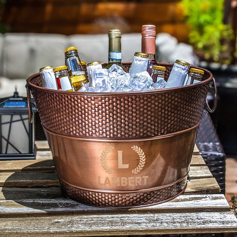 Personalized Metal Bucket with Stand Steel Or Copper Beverage Tub & Wine Gift for the Couple Housewarming, Anniversary, Engagement Copper