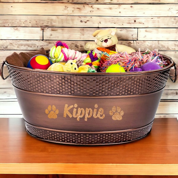 Personalized Metal Dog Toy Storage Bin - Metal Indestructible Dog Toy Box -Dog Toy Basket, Dog Birthday Gift- Galvanized Metal Toy Storage