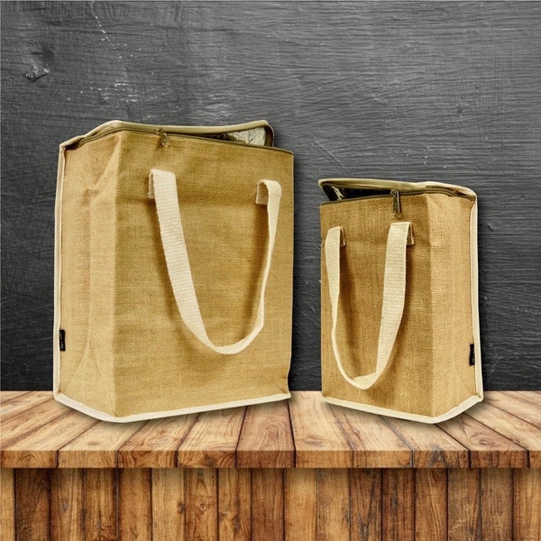 Hot/Cold Lunch Bag Two Sizes. Insulated. Made of Ecofriendly Vegan Jute Hemp Burlap