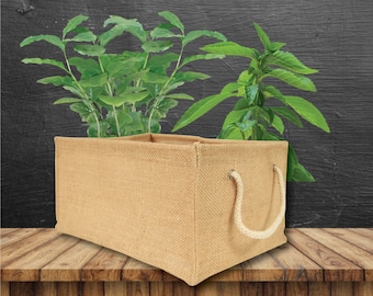 Jute Organizer, Planter, Plant Bin, Storage Basket, Jute Planter, Rectangular with Rope Handles