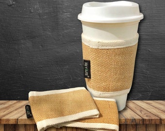 Coffee Cup Sleeve Reusable Sustainable Handmade Jute Burlap Fabric (Pair of 2)