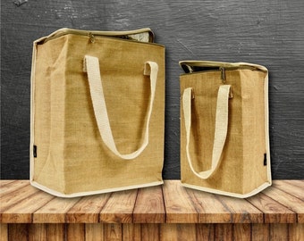 Hot/Cold Lunch Bag Two Sizes. Insulated. Made of Ecofriendly Vegan Jute Hemp Burlap