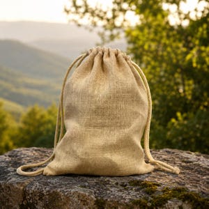 May include: A beige burlap drawstring bag, with a drawstring closure. The bag is made of woven fabric and sits on a stone surface. The background shows a blurred view of trees and mountains.