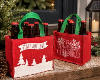 Jute 6-Pack Beer Bottle Carrier, Festive Christmas Bag